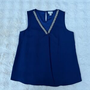 Adrienne Vittadini Navy Blue Pearl Rhinestone Embellished Sleeveless Blouse M